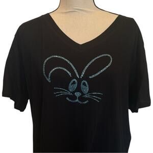 Rhinestone Cute Blue Easter Bunny T-Shirt Short Sleeve Black Tee NEW Sparkly!